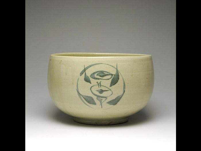Bowl of stoneware with a greenish white glaze, made by Hamada Shoji: Japan, c1930. On display in the Making and Creating gallery, National Museum of Scotland.