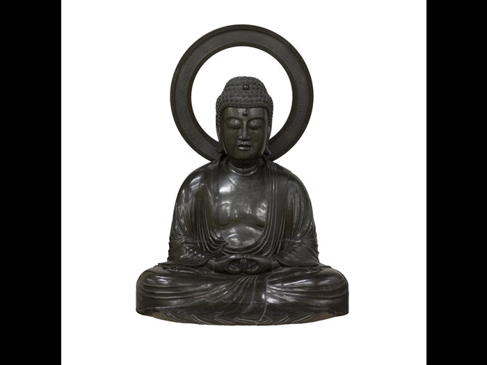 Bronze sculpture of the Buddha Amida seated in meditation with a mandorla behind his head: Japan, 18th-19th century. On display in the Traditions in Sculpture gallery, National Museum of Scotland. 