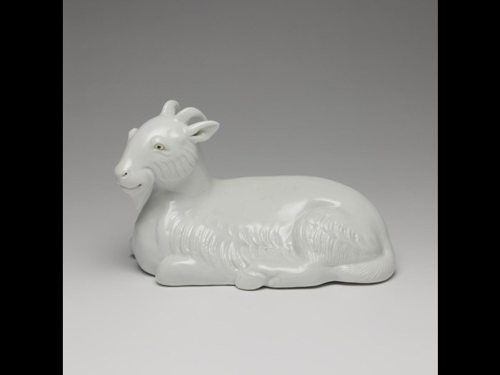 White porcelain model of a goat: Japan, Hirado Mikawachi, 1840–1870. On display in the Window on the World.