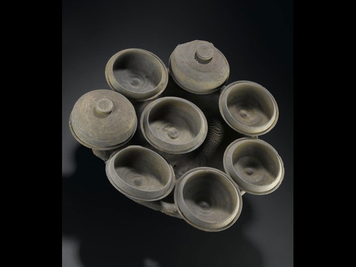 Cluster of grey stoneware dishes: Japan, Yamato Province, Dolmen period.
