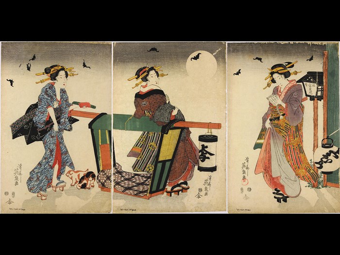 Colour woodblock print triptych depicting three young women standing beside a palanquin at night, with two puppies at their feet and a full moon and bats flying overhead: Japan, by Keisai Eisen, c1840.