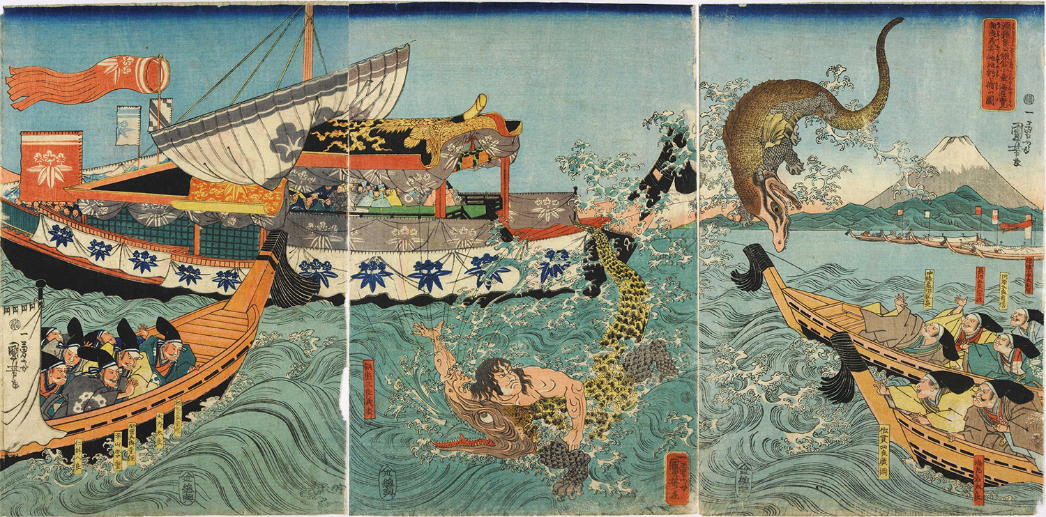 Colour woodblock print triptych entitled Minamoto no Yoriie-kō Kamakura Kotsubo no umi yūran Asahina Yoshihide shiyū no wani o tōfu zu (Asahina Yoshihide Fighting Crocodiles on the Occasion of Minamoto no Yoriie's Sea Viewing at Kotsubo), depicting Asahina fighting crocodiles in the sea off Kamakura, watched by Yoriie and his nobles in boats: Japan, Edo, by Utagawa Kuniyoshi, c1843-44.