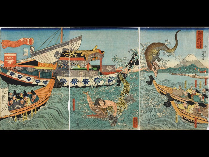 Colour woodblock print triptych entitled Minamoto no Yoriie-kō Kamakura Kotsubo no umi yūran Asahina Yoshihide shiyū no wani o tōfu zu (Asahina Yoshihide Fighting Crocodiles on the Occasion of Minamoto no Yoriie's Sea Viewing at Kotsubo), depicting Asahina fighting crocodiles in the sea off Kamakura, watched by Yoriie and his nobles in boats: Japan, Edo, by Utagawa Kuniyoshi, c1843-44.