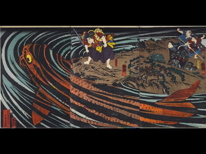 Colour woodblock print triptych, depicting Oniwaka-maru (the future Musashibo Benkei) about to attack the giant carp which devoured his mother: Japan, Edo, by Utagawa Kuniyoshi, c1845.