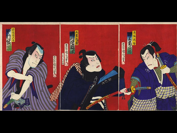 Colour woodblock triptych print depicting the Kabuki actors Onoe Kikugorō V as Megumi Sakagorō grasping two swords, Ichikawa Sadanji I as Kuzō, and Nakamura Shikan IV as Shakki Dengorō, baring his arm: Japan, by Toyohara Kunichika, 1870-80.
