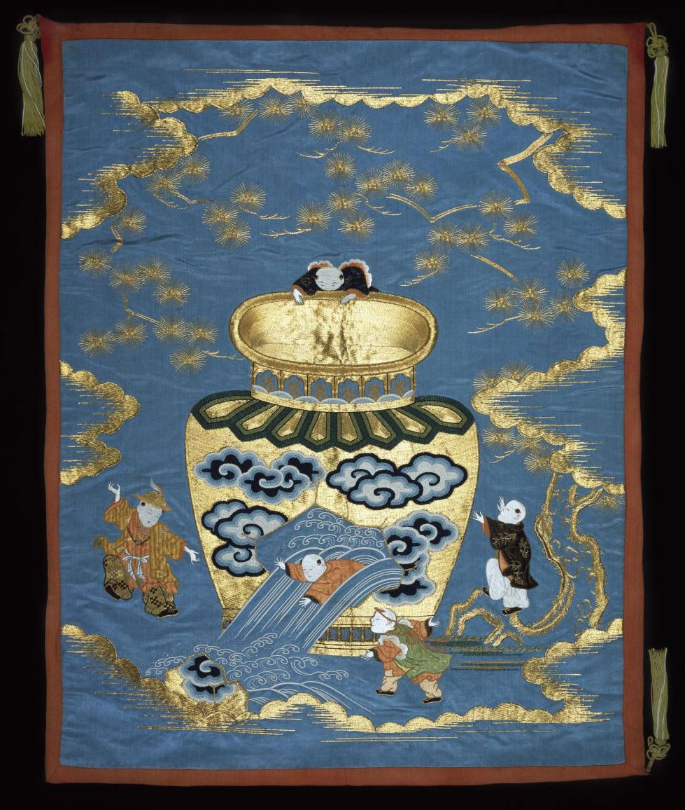 Blue satin fukusa (gift cover) embroidered in coloured silks and gold thread depicting Sima Guang (J: Shiba Onko) as a boy saving his friend from drowning in a large jar: Japan, 19th century.