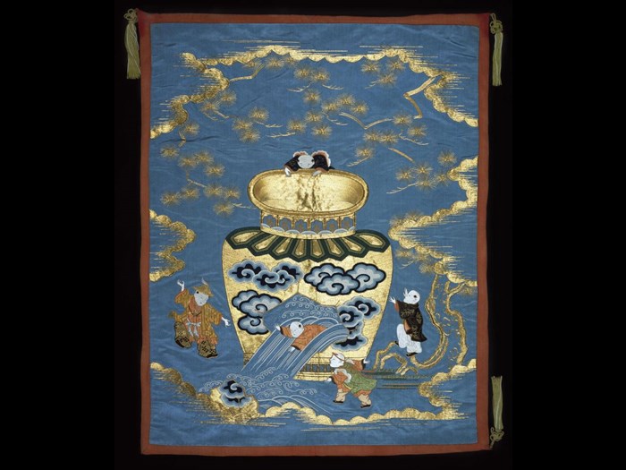 Blue satin fukusa (gift cover) embroidered in coloured silks and gold thread depicting Sima Guang (J: Shiba Onko) as a boy saving his friend from drowning in a large jar: Japan, 19th century.