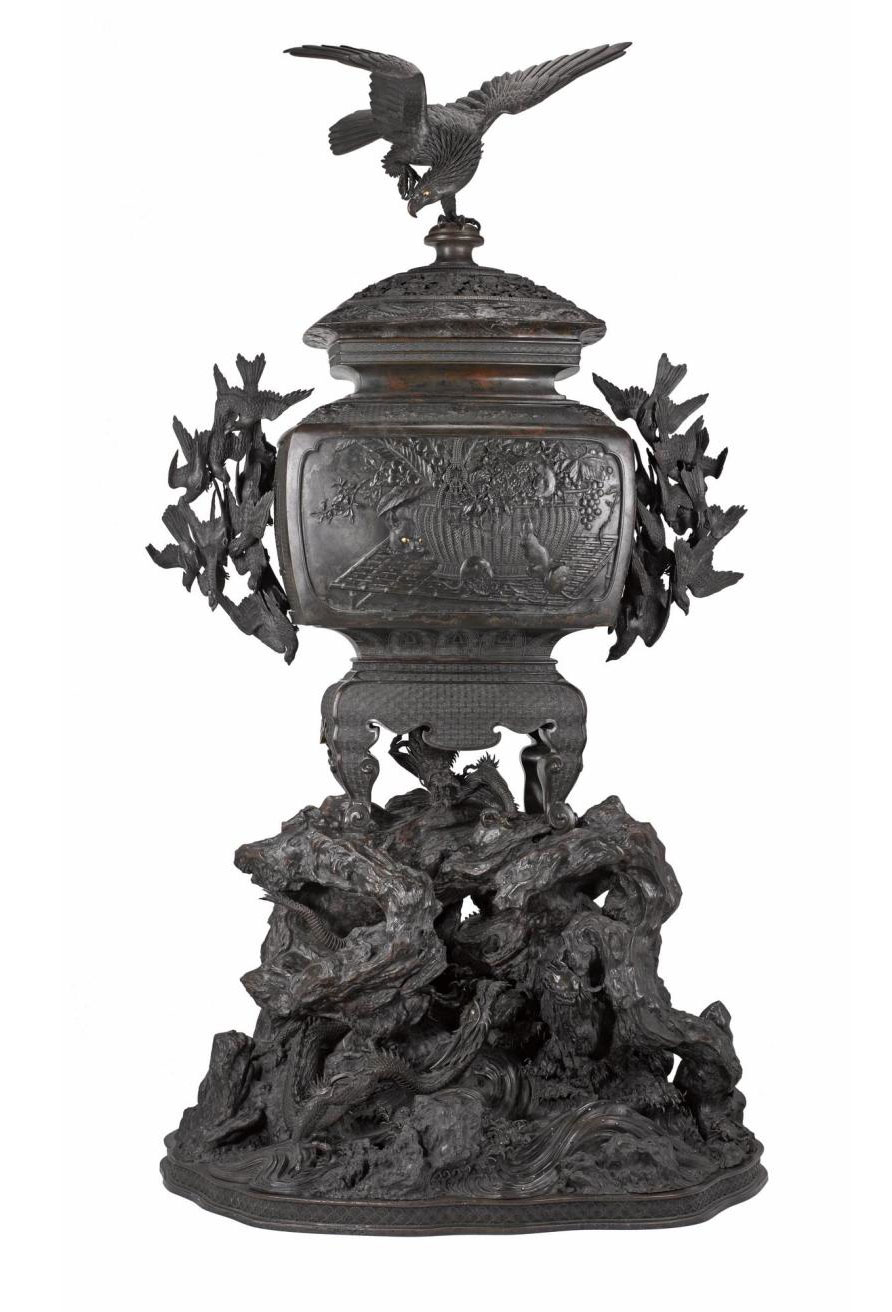 Bronze incense burner, decorated on front with a cat pursuing mice around a basket of fruit, purchased at the Centennial International Exhibition, Philadelphia, 1876: Japan, by Suzuki Chokichi, 1875-76.