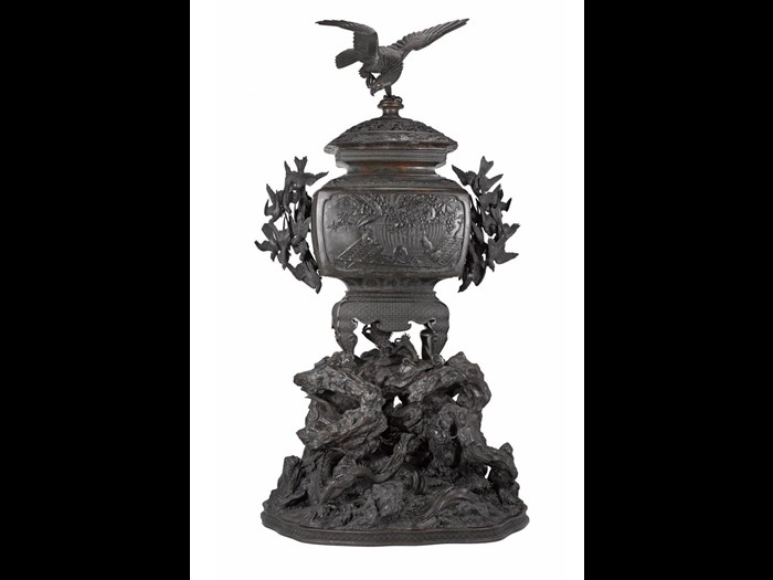 Bronze incense burner, decorated on front with a cat pursuing mice around a basket of fruit, purchased at the Centennial International Exhibition, Philadelphia, 1876: Japan, by Suzuki Chokichi, 1875-76.