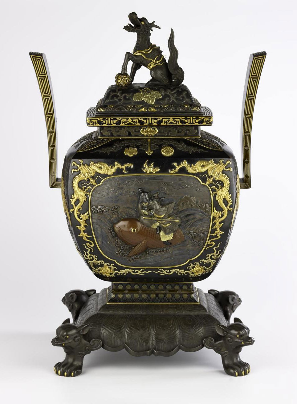 Incense burner and cover of bronze, ornamented with scenes from the tale of Urashima Taro, presented to Sir Harry Parkes by the Meiji Emperor in July 1883: Japan, by Suzuki Katsushige, Ichiryu Juko, and eight others, 1883.