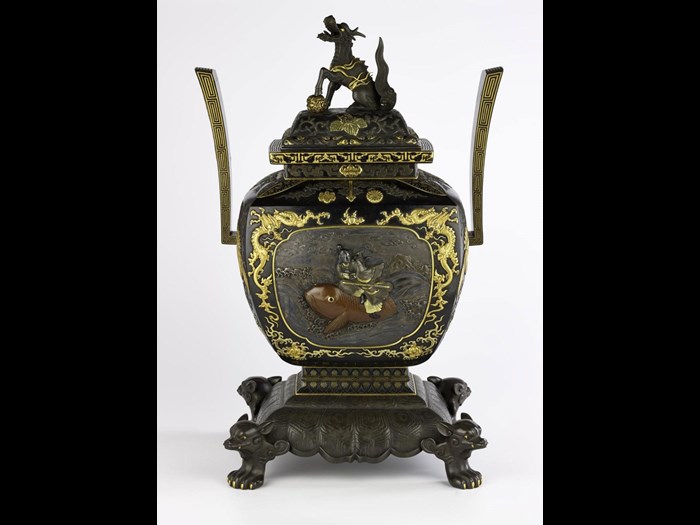 Incense burner and cover of bronze, ornamented with scenes from the tale of Urashima Taro, presented to Sir Harry Parkes by the Meiji Emperor in July 1883: Japan, by Suzuki Katsushige, Ichiryu Juko, and eight others, 1883.