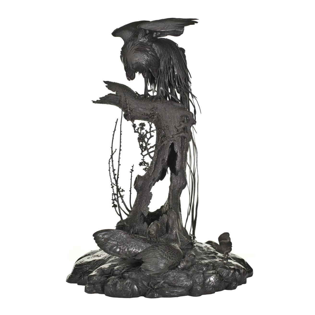 Bronze sculpture of a cockerel with wings spread standing on a tree stump with a hen and three chicks below: Japan, Tokyo, by Ōtake Norikuni, 1890-1900.