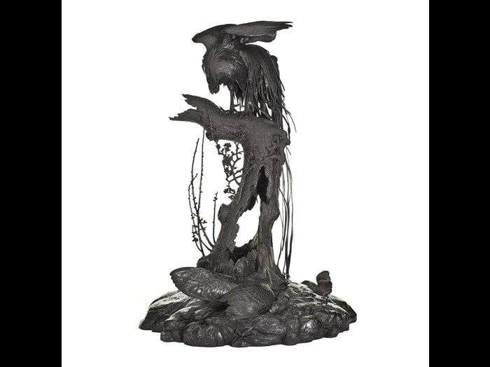 Bronze sculpture of a cockerel with wings spread standing on a tree stump with a hen and three chicks below: Japan, Tokyo, by Ōtake Norikuni, 1890-1900.