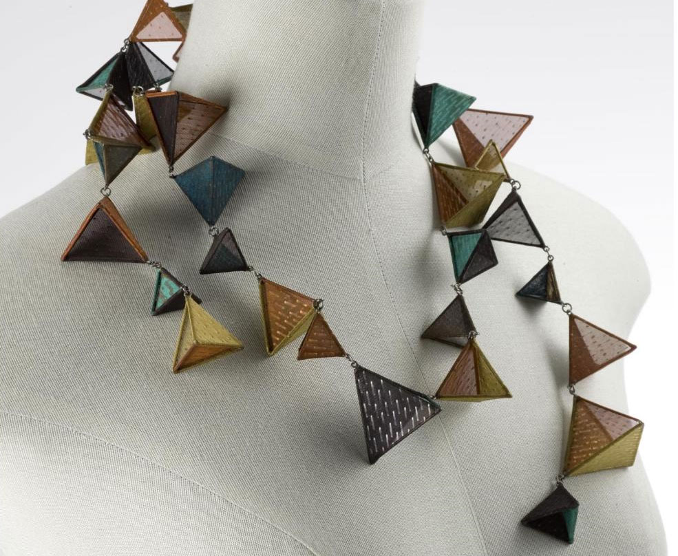 Necklace made of 36 linked hollow prisms of stainless steel, each covered with copper mesh in colours of gold, tan, turquoise, blue, bronze and black, worn by wrapping around the neck: Japan, Tokyo, by Suō Emiko, 2008. On display in the Artistic Legacies gallery at the National Museum of Scotland. © Suō Emiko.