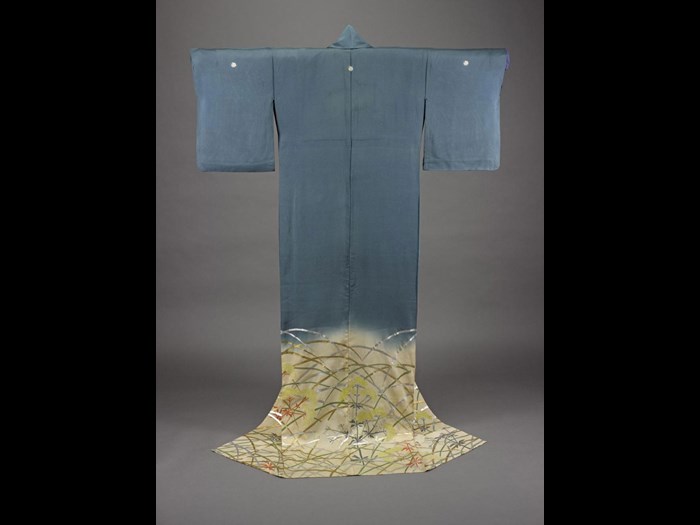 Woman's robe of blue and cream silk gauze hand-painted with a design of autumn grasses, with a collar facing of white silk gauze: Japan, late Edo period, c1850.