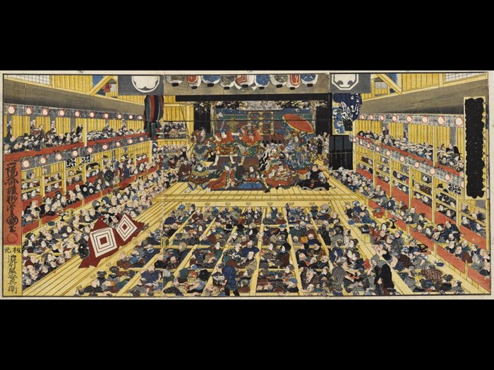 Colour woodblock print triptych depicting the interior of a Kabuki theatre during the performance of Shibaraku, an aragoto piece by one of the Ichikawa family: Japan, by Utagawa Kunisada, 1858.