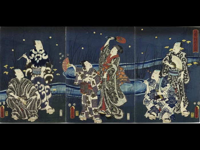 Colour woodblock triptych print entitled Mitate hotaru-gari yako tama-zoroi (Imagined Scene of Chasing Fireflies in the Evening Light), depicting six Kabuki actors beside a river in the evening chasing fireflies: Japan, by Utagawa Kunisada, 1855.
