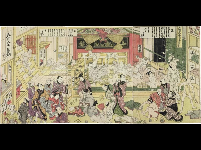 Colour woodblock triptych print depicting a scene in a public bath-house, with the Kabuki actors Nakamura Utaemon III (right), Bandō Mitsugorō III (centre) and Ichikawa Danzō (left) recognisable in the foreground: Japan, by Utagawa Kuninao, c1815.