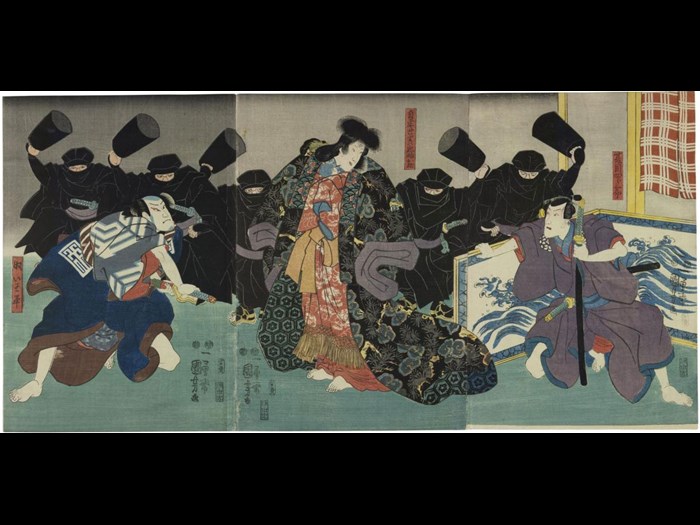 Colour woodblock triptych print depicting the Kabuki actors Ichikawa Danjuro VIII as Natsume Shirozaburo (right), Bando Shuka I as Jiraiya (really the demon-woman O-Matsu), Arashi Kichisaburō III as the servant Isobei, and black-robed policemen, in the play Shinpan koshi no shiranami: Japan, by Utagawa Kuniyoshi, 1850s.