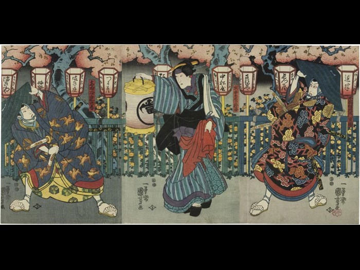 Colour woodblock print triptych depicting the Kabuki actors Ichikawa Danjuro VIII as Fuwa Banzaemon Shigekatsu (right), Onoe Eizaburō IV as O-Kuni of Izumoya and Sawamura Sojuro V as Nagoya Sanza Motoharu: Japan, by Utagawa Kuniyoshi, c1851.