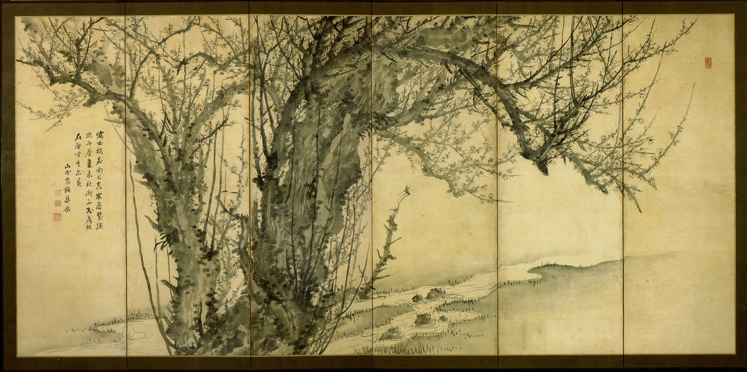 Six-panel folding screen painting of a plum tree: Japan, by Sugai Baikan, 1815-44.