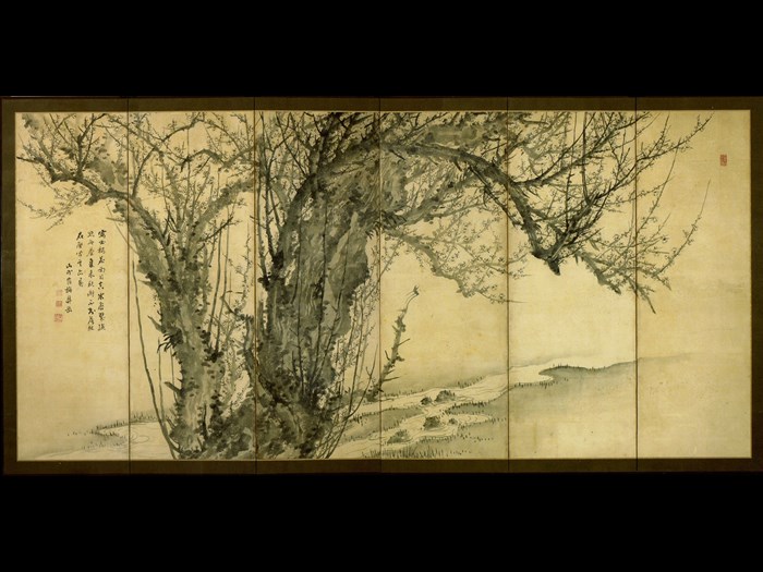 Six-panel folding screen painting of a plum tree: Japan, by Sugai Baikan, 1815-44.