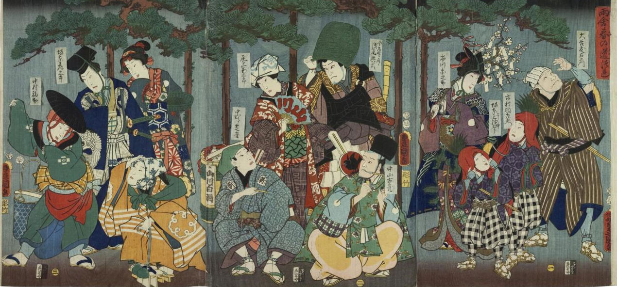 Colour woodblock triptych print entitled Amayadori haruno michizuki (Group of actors sheltering from a shower), depicting a group of twelve Kabuki actors sheltering from the rain under trees: Japan, by Utagawa Kunisada, 1855.