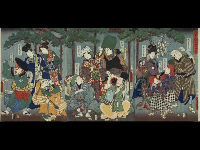 Colour woodblock triptych print entitled Amayadori haruno michizuki (Group of actors sheltering from a shower), depicting a group of twelve Kabuki actors sheltering from the rain under trees: Japan, by Utagawa Kunisada, 1855.