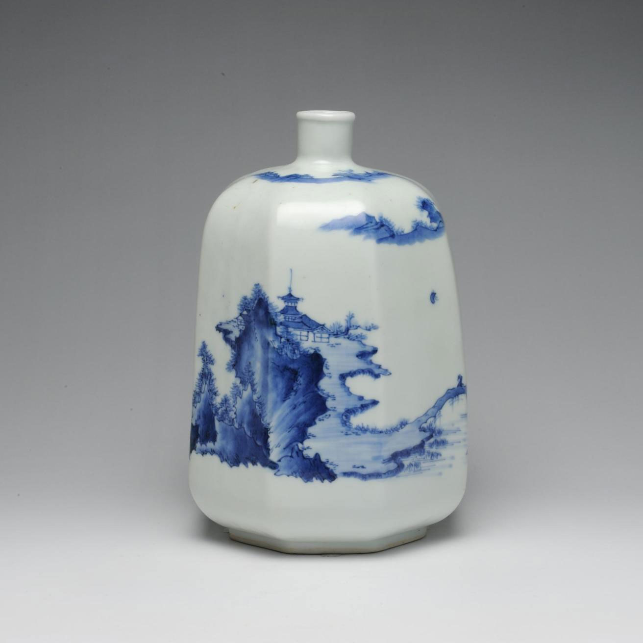 Octagonal bottle of porcelain, of lacquer shape, decorated in underglaze blue with landscape: Japan, Hirado Mikawachi, 1725-75.