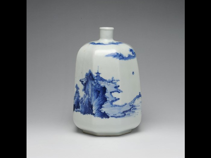 Octagonal bottle of porcelain, of lacquer shape, decorated in underglaze blue with landscape: Japan, Hirado Mikawachi, 1725-75.