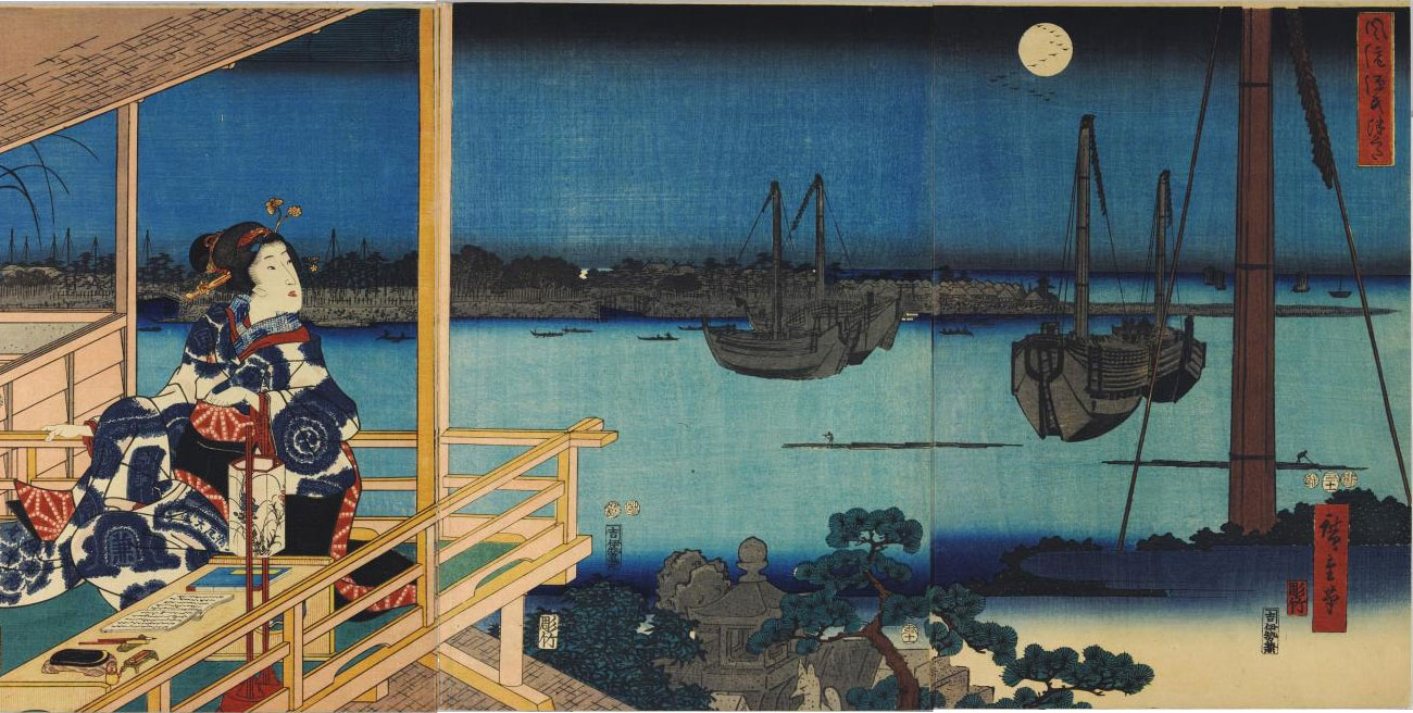 Woodblock triptych print entitled Fuzoku Genji: Tsukuda, depicting a girl seated on a verandah with a writing table and materials before her, looking out over a moonlit bay, where ships are moored and small boats are being paddled to the shore: Japan, by Utagawa Hiroshige and Utagawa Kunisada, 1853.