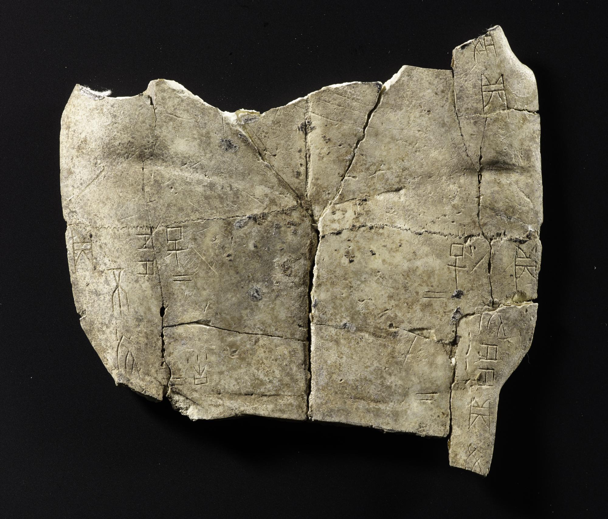 •	Oracle bone of tortoise plastron or ox scapula, with incised script recording divination: China, Henan Province, near Anyang, Yinxu, late Shang dynasty, c. 1200-1050 BC.