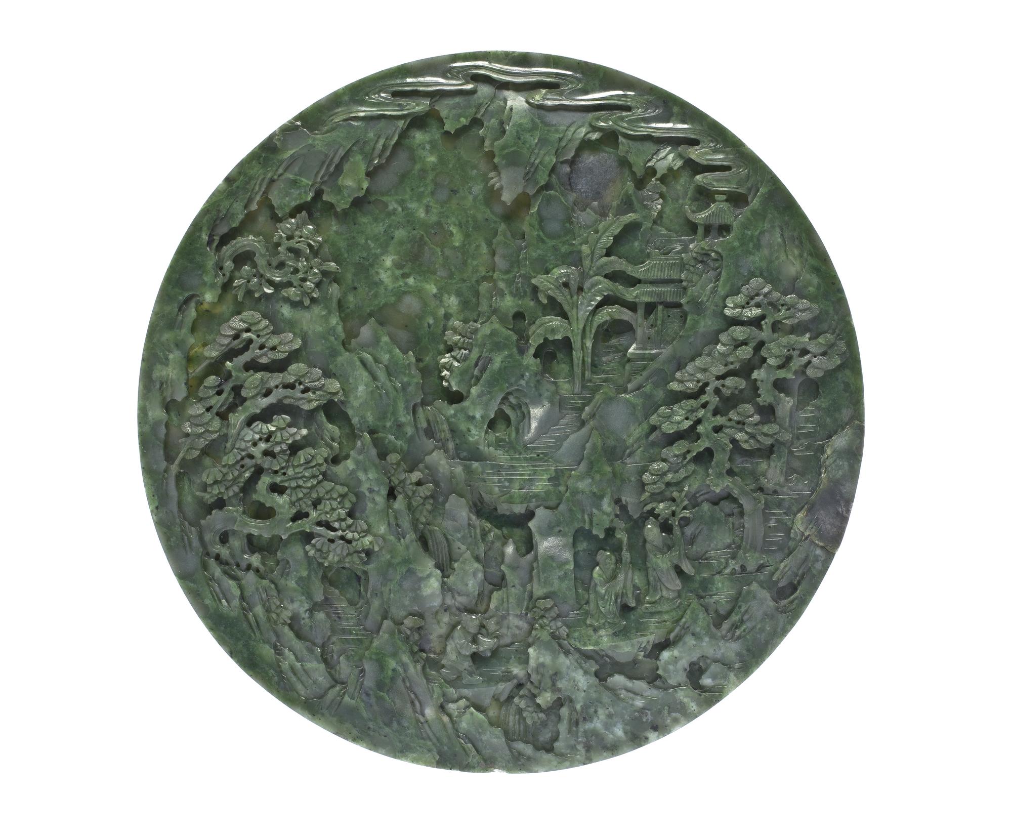 Circular table screen (yuan pingfeng) of dark green jade, carved on one side with two Daoist immortals and an attendant carrying offerings, and on the other a landscape: China, Qing Dynasty, 18th century AD.