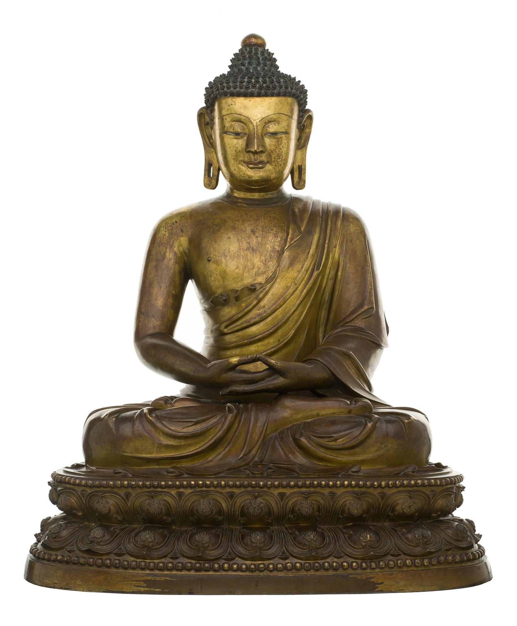 Figure of Buddha in gilt bronze, seated on double lotus base in a meditation gesture: China, Qing Dynasty, 19th century AD.