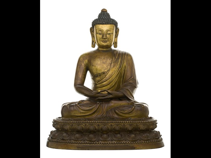 Figure of Buddha in gilt bronze, seated on double lotus base in a meditation gesture: China, Qing Dynasty, 19th century AD.