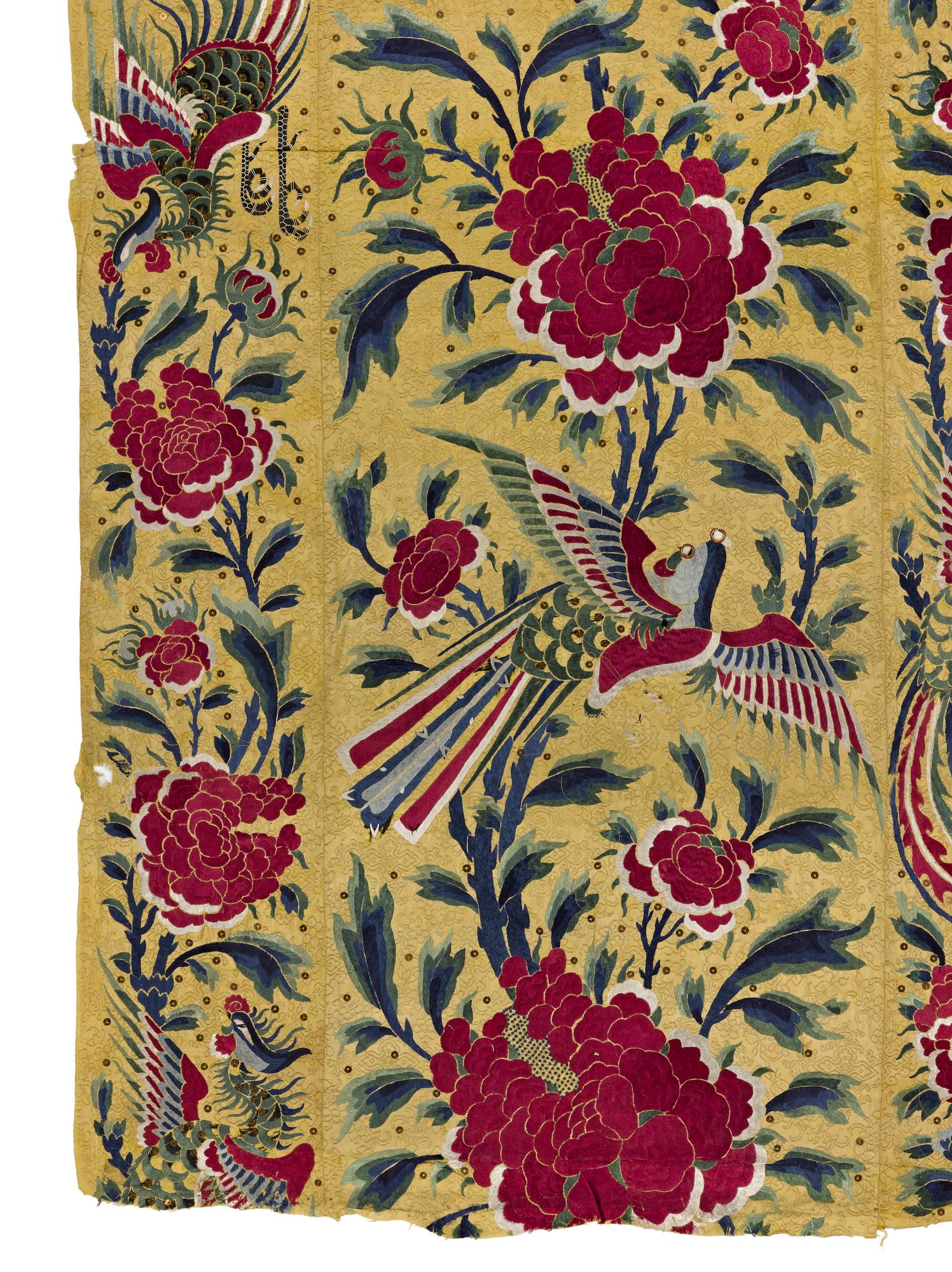 Hanging consisting of four pieces of yellow silk brocade sewn together, studded with sequins, embroidered with coloured silks and showing a design of birds, flowers and lions: China, 19th century.