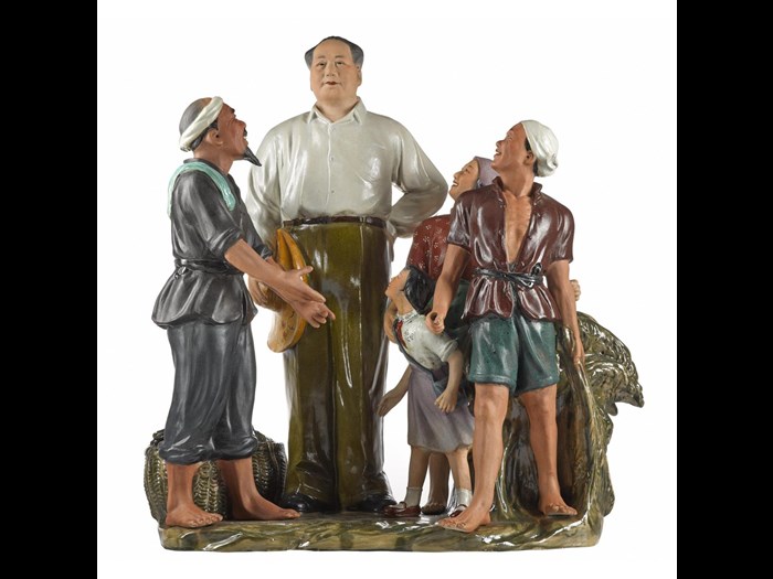 Porcelain figure group entitled Looking up to Mao, with brocade-covered storage box: China, Jingdezhen, 1972-74.
