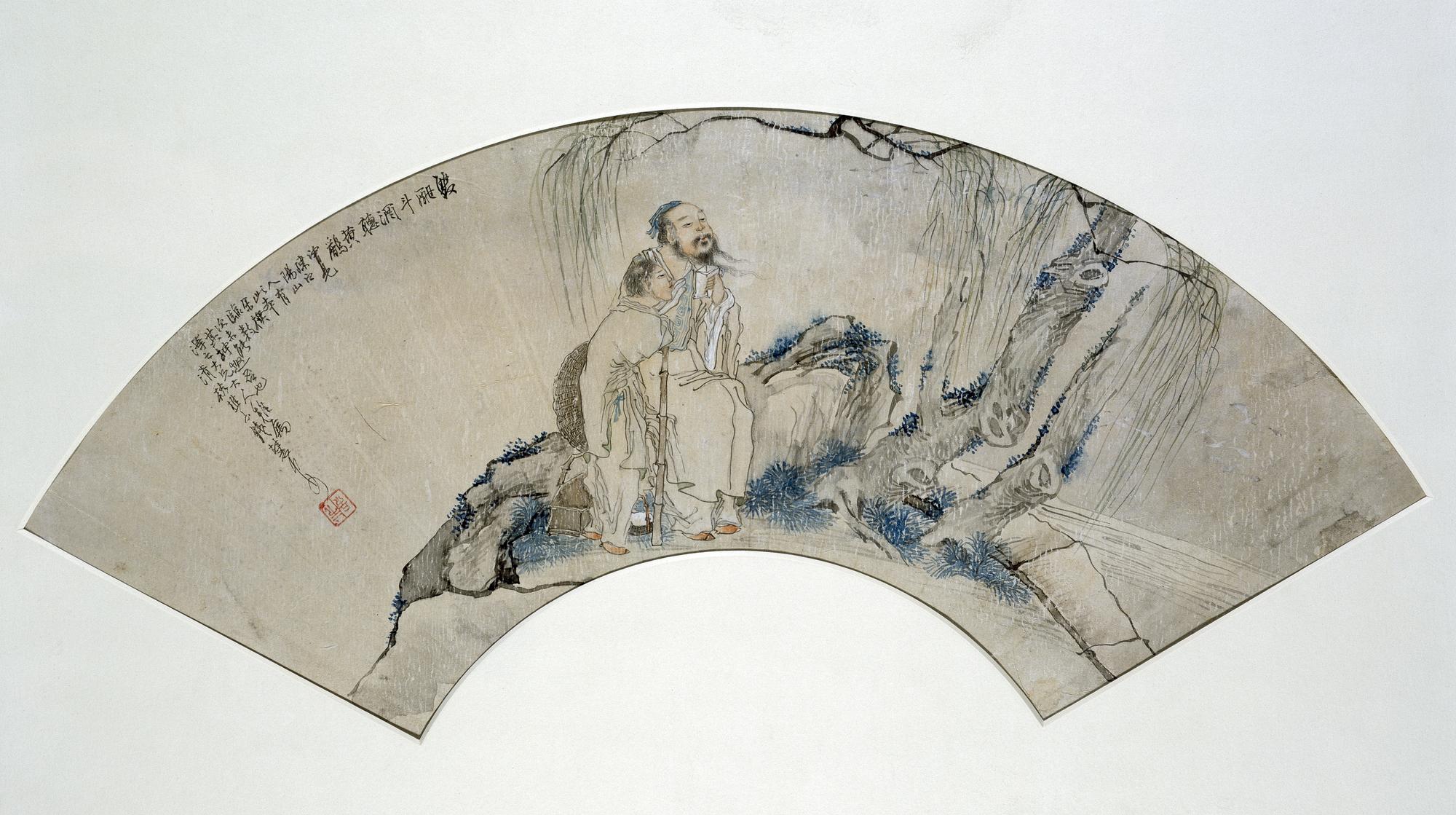 Fan painting of an elder and his attendant under a willow tree, ink and colour on paper: China, by Qian Huian. Collected by Sir James Stewart Lockhart. With permission of George Watson's College.