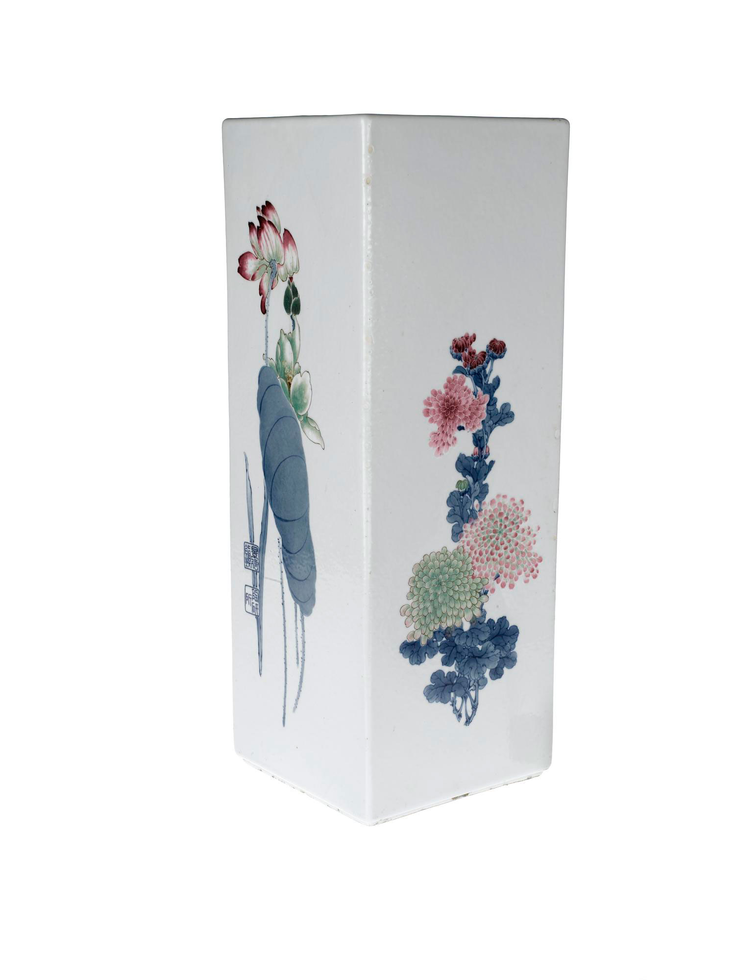 Large square slab-built porcelain vase with underglaze decoration of flowers of the four seasons: China, Jingdezhen, Ceramic Research Institute, by Wang Bu, c1956.