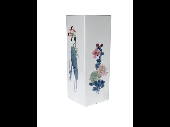 Large square slab-built porcelain vase with underglaze decoration of flowers of the four seasons: China, Jingdezhen, Ceramic Research Institute, by Wang Bu, c1956.