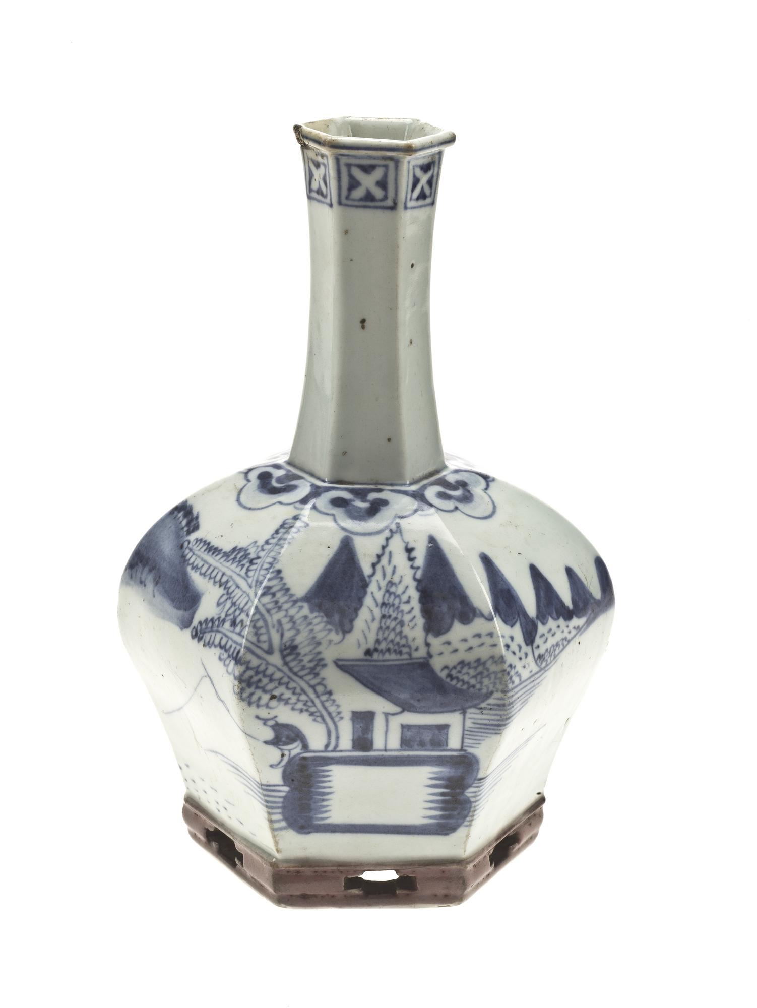 Vase of glazed resonant porcelain, bulbous and hexagonal with a perforated foot, with underglaze blue decoration of a fisherman in a landscape: Korea, 16th-17th century.
