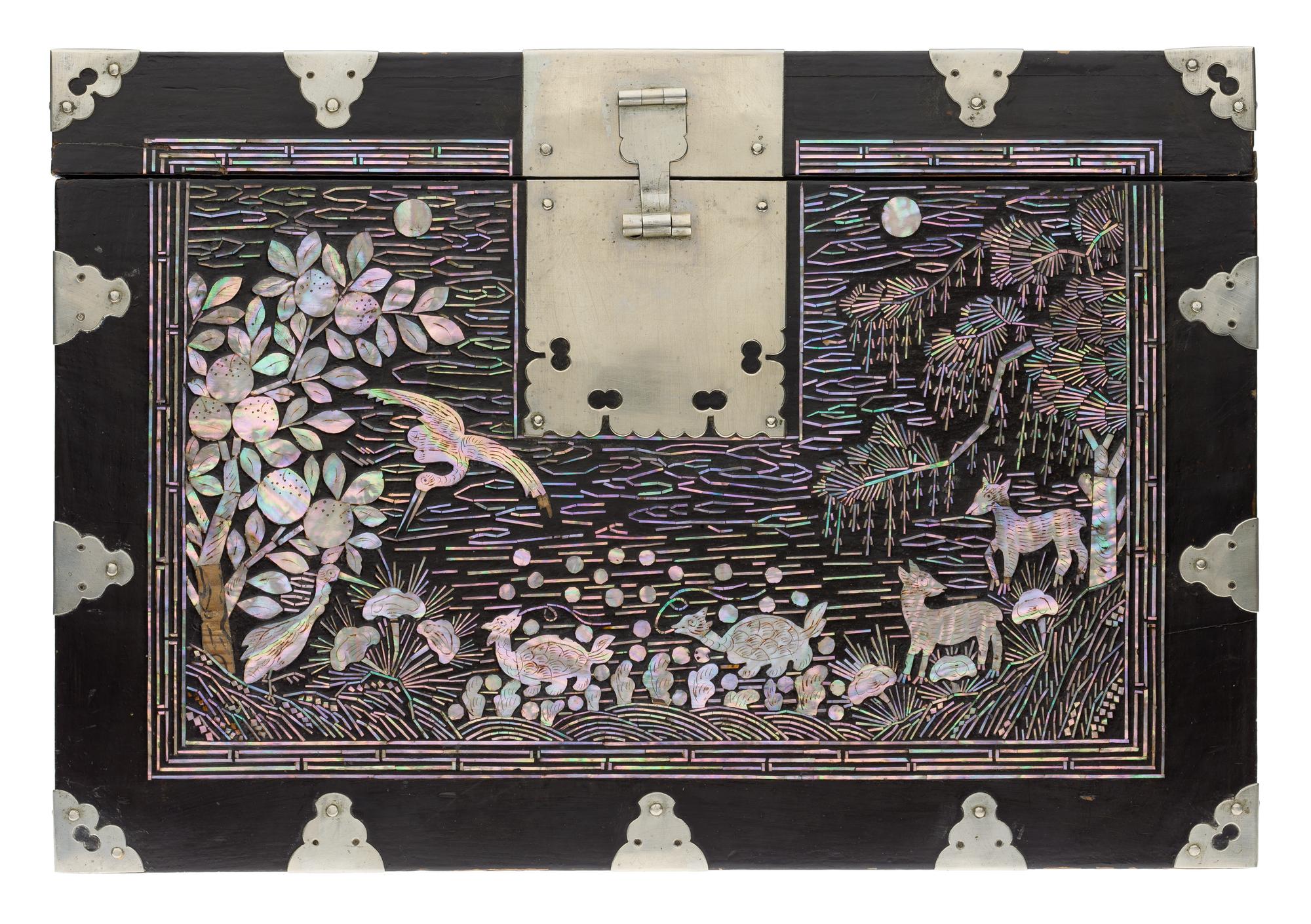 Lidded document box (soryu ham) of black lacquered wood inlaid with mother-of-pearl, with metal mounts and handles: Korea, Joseon Dynasty, late 19th century.