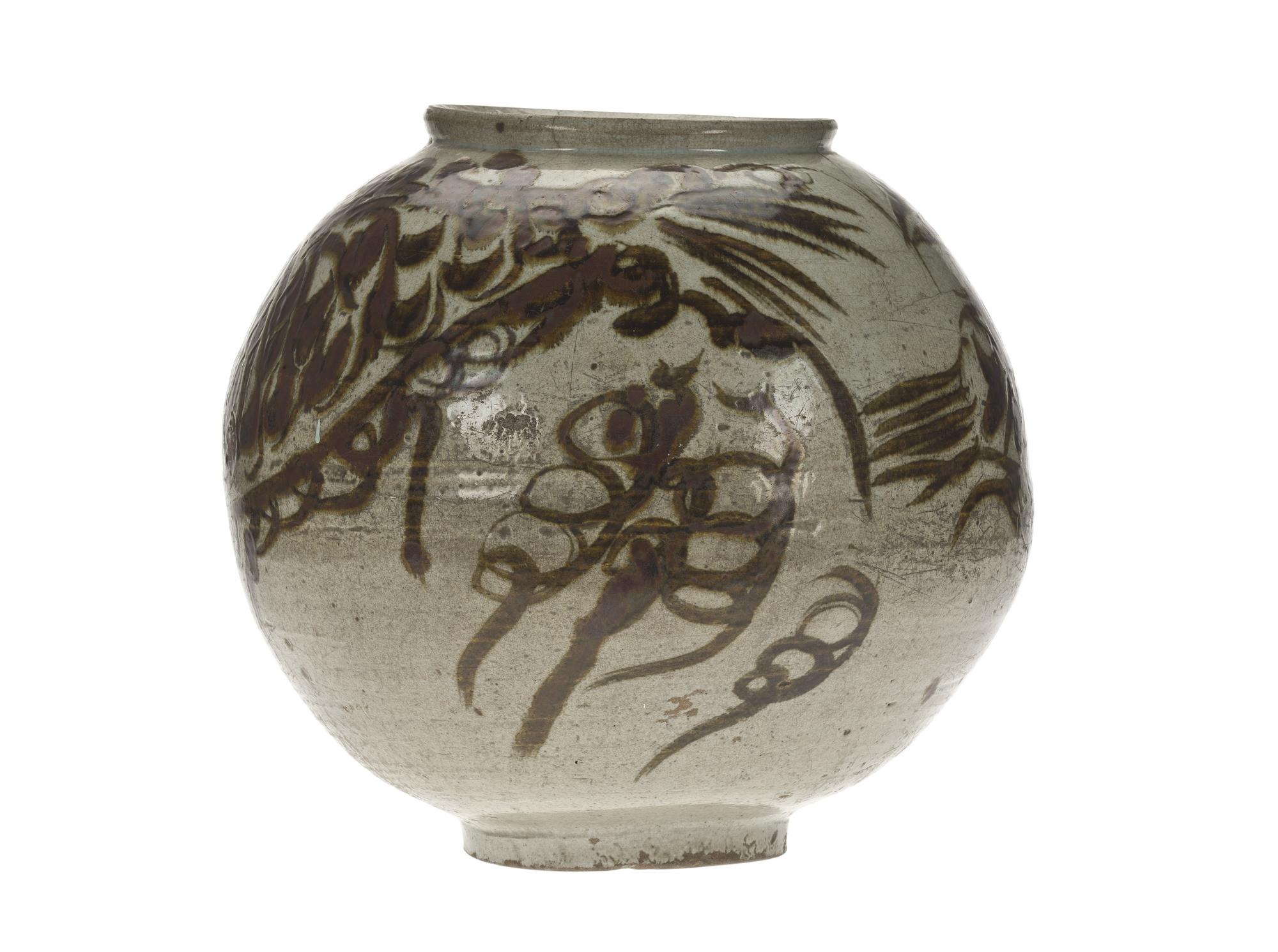 Storage jar (hangari) of stoneware, with a stylized fish painted in underglaze iron-brown: Korea, Joseon Dynasty, 18th century.