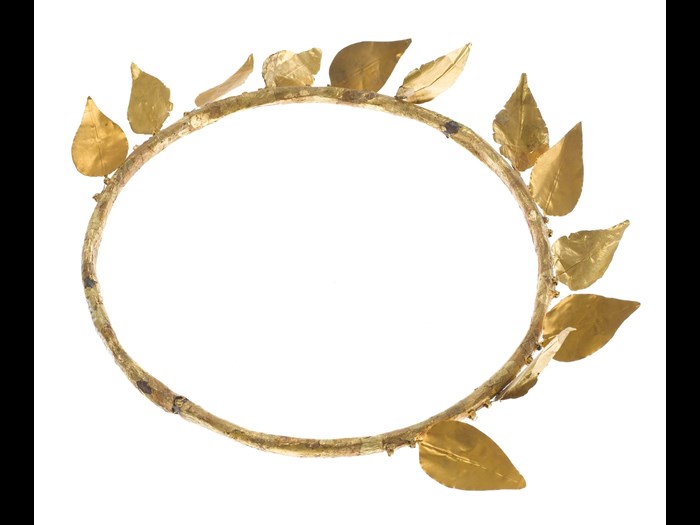 Wreath of twelve gold-foil leaves attached to a ring of copper, found on the mummy of Montsuef: Ancient Egyptian, excavated by A.H. Rhind in the tomb of Montsuef at Sheikh Abd el-Qurna, Thebes, Early Roman Period, c9 BC.