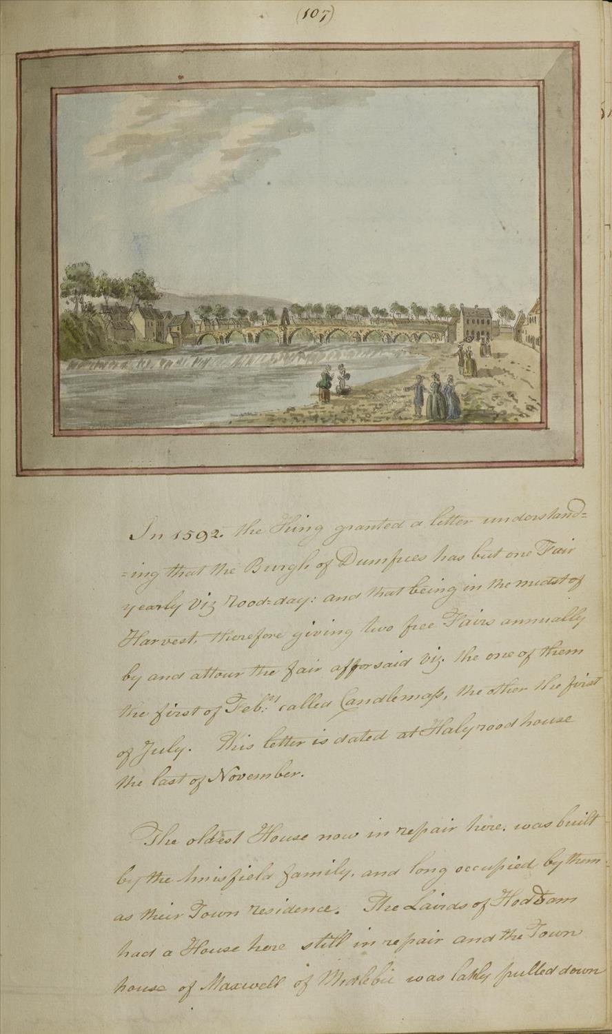 Drawing of Devorgilla Bridge, Dumfries from A collection on antiquities , Vol. 7, page 107, by Robert Riddell of Glenriddell.
