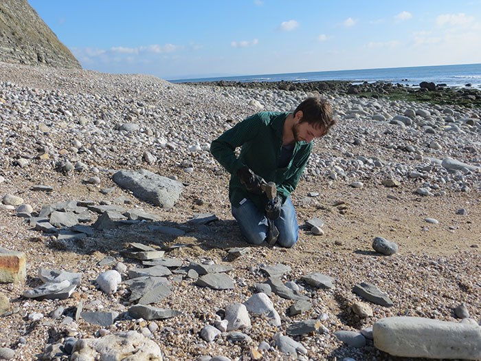 A man kneeling on a rocky beach examining rocks..