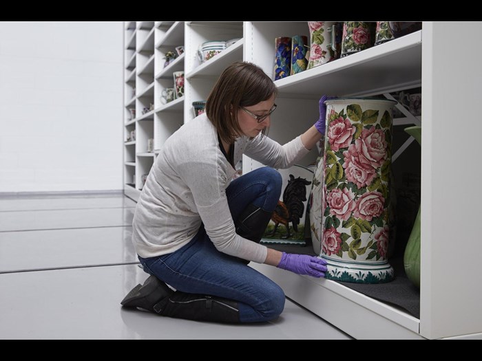 Adrienne, Assistant Curator of Scottish History and Archaeology selects Umbrella Stand from storage in the National Museums Collection Centre. The Cabbage roses on this late 19th century piece are one of the most recognisable Wemyss Ware designs. 