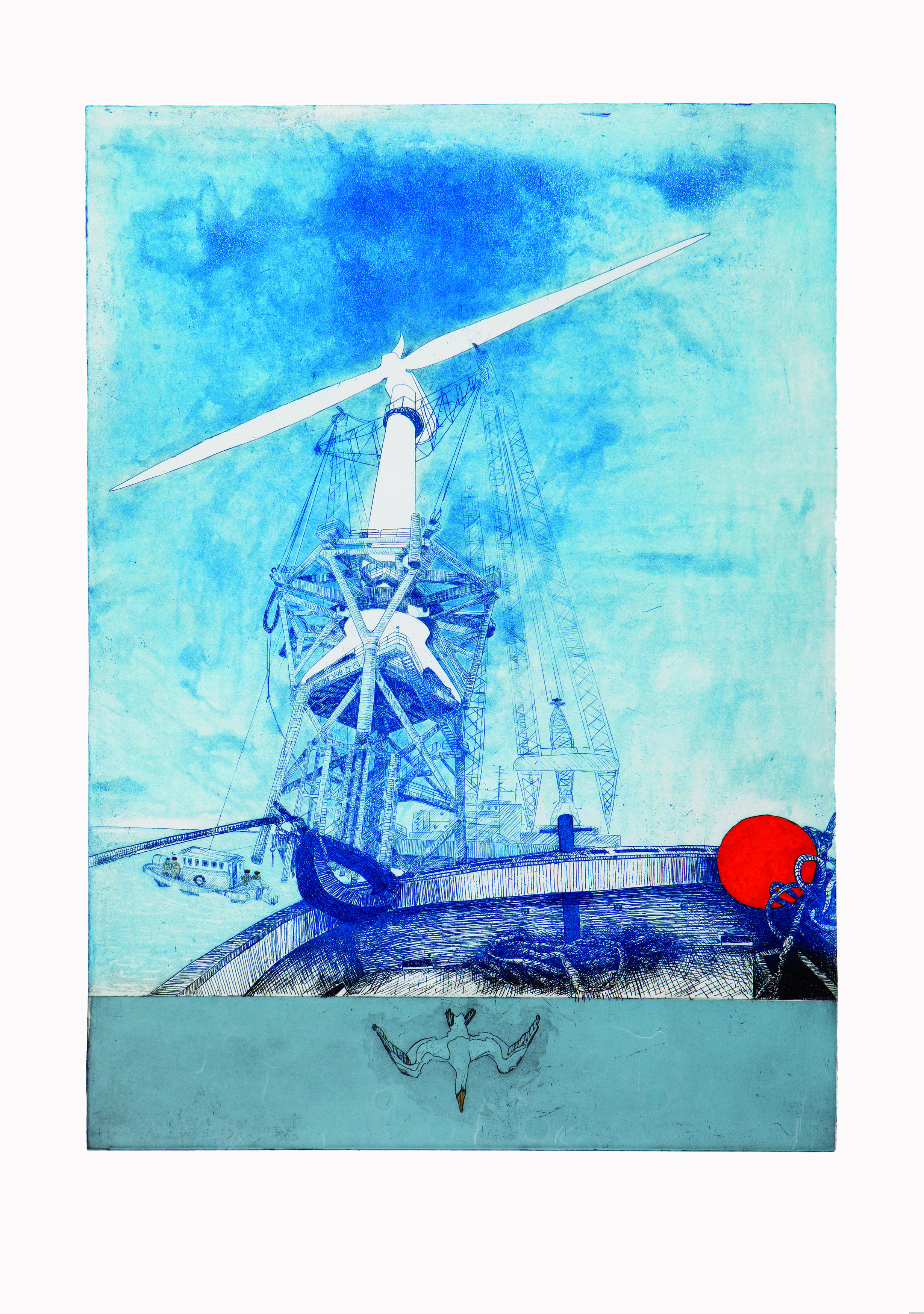 'Beatrice Works Suite No 7 – Assembly offshore, Moray Firth, 2012', edition 20, colour etching, chine collé and hand watercolour, 420mm x 300mm © Sue Jane Taylor. Photographer: Fin Macrae