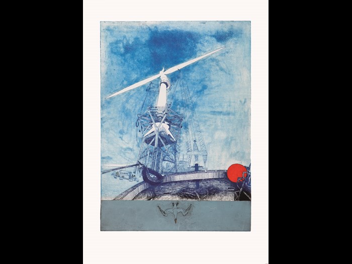 'Beatrice Works Suite No 7 – Assembly offshore, Moray Firth, 2012', edition 20, colour etching, chine collé and hand watercolour, 420mm x 300mm © Sue Jane Taylor. Photographer: Fin Macrae
