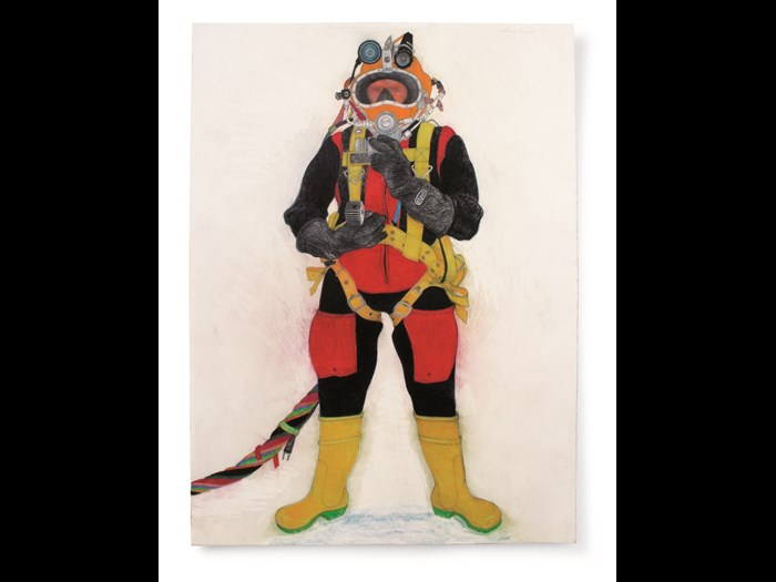 'North Sea diver, Technip Aberdeen, 2010', colour conté, 770mm x 570mm collection Fife Cultural Trust (Kirkcaldy Galleries) on behalf of Fife Council) © Sue Jane Taylor. Photographer: Fin Macrae